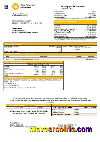Andorra BancSabadell d’Andorra bank mortgage statement
